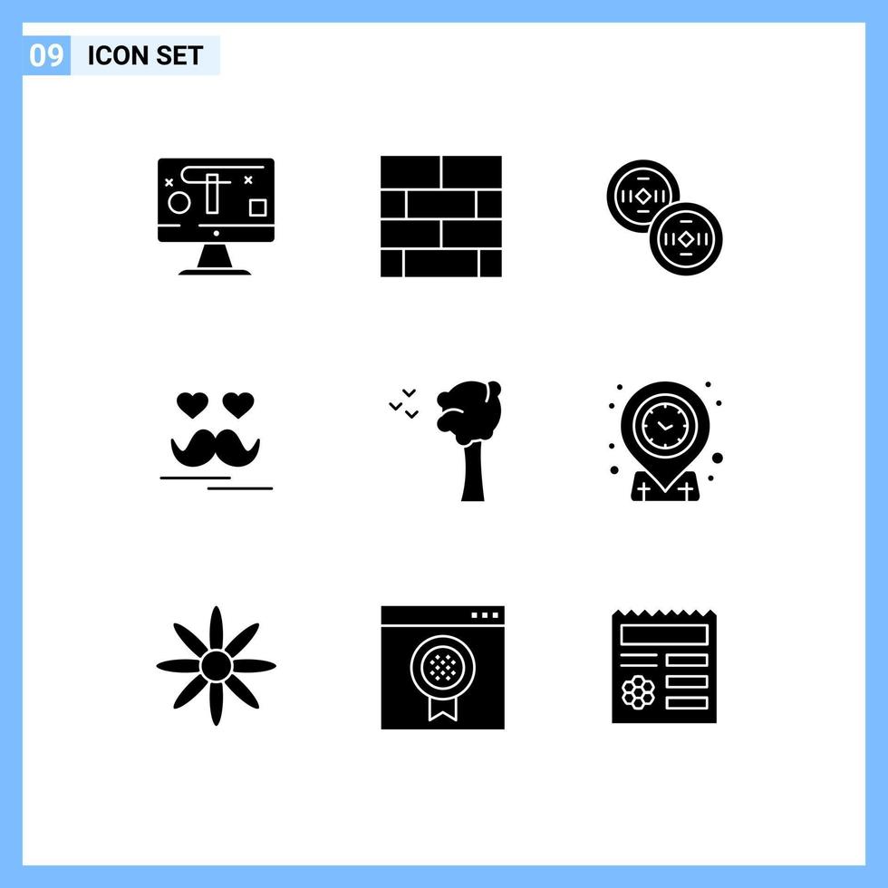Mobile Interface Solid Glyph Set of 9 Pictograms of nature arbor coins moustache day Editable Vector Design Elements