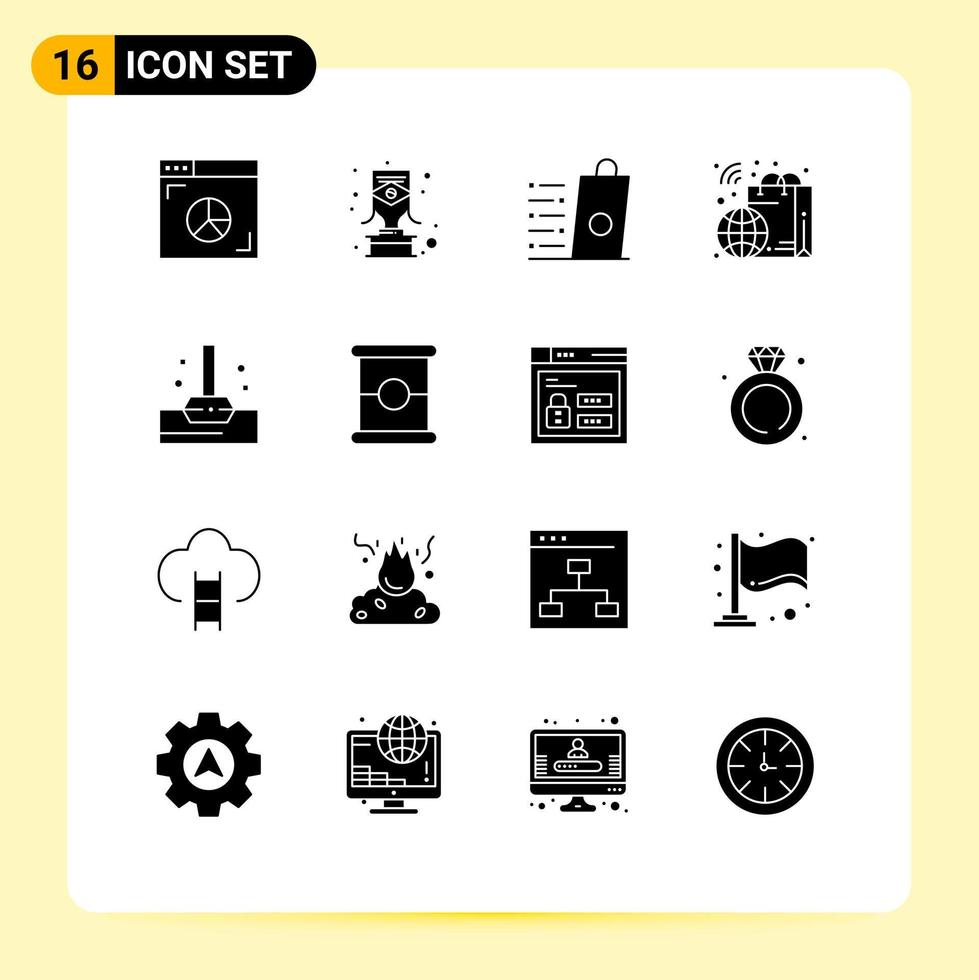 Set of 16 Vector Solid Glyphs on Grid for mop shopping bag retail shopping Editable Vector Design Elements