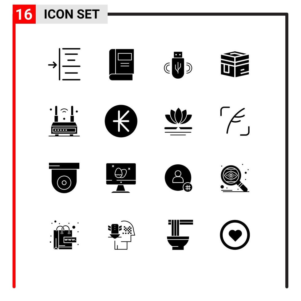 Pack of 16 Modern Solid Glyphs Signs and Symbols for Web Print Media such as router meccah share mecca holy Editable Vector Design Elements