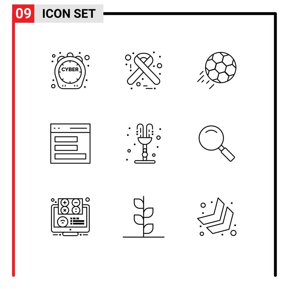 Mobile Interface Outline Set of 9 Pictograms of fountain interface soccer contact sport Editable Vector Design Elements