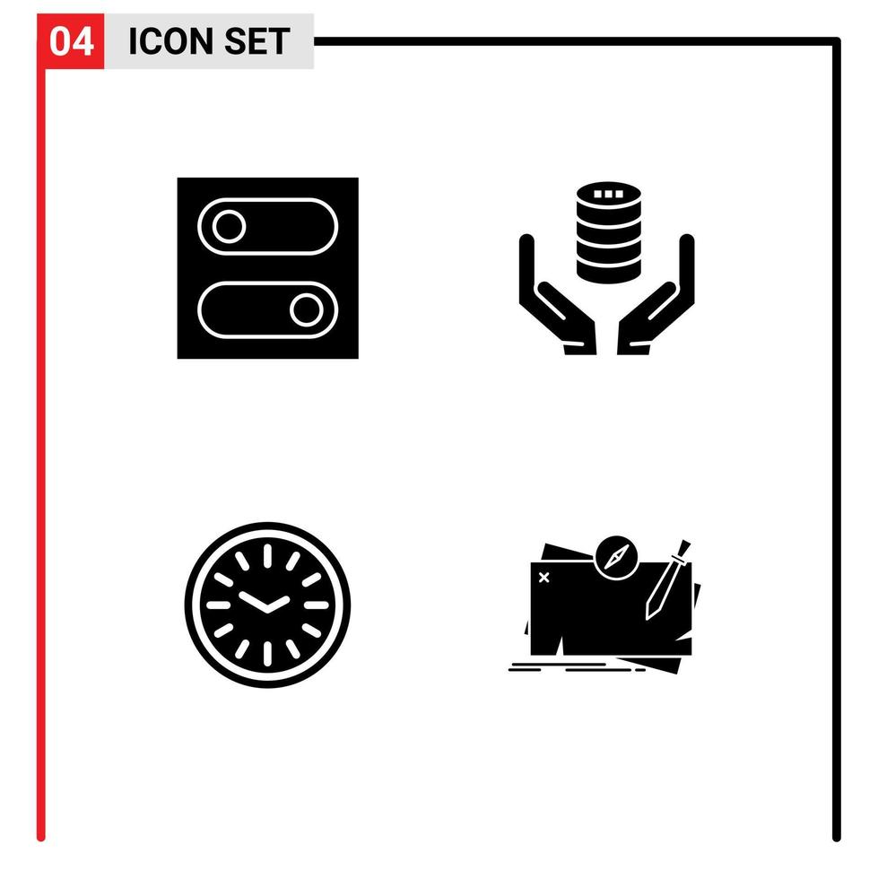 Pack of 4 Modern Solid Glyphs Signs and Symbols for Web Print Media such as control wall database secure game Editable Vector Design Elements