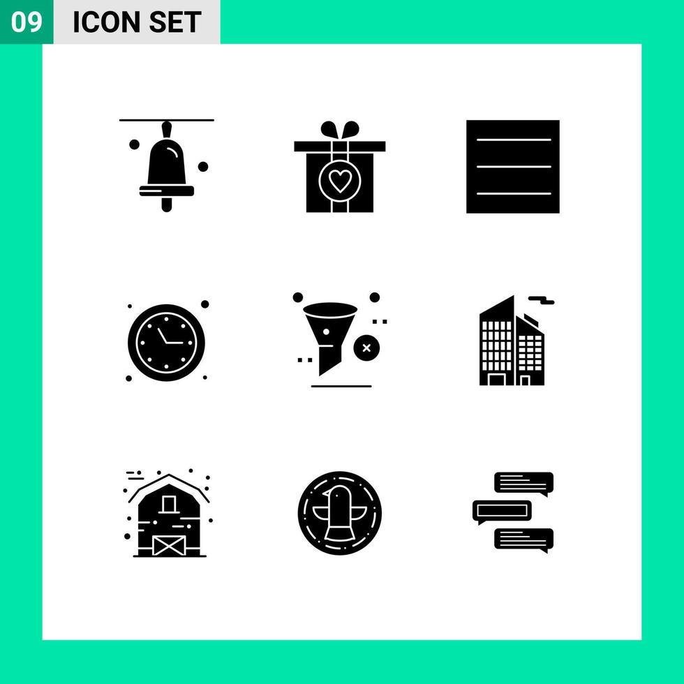 Group of 9 Modern Solid Glyphs Set for building remove clock filter delete Editable Vector Design Elements