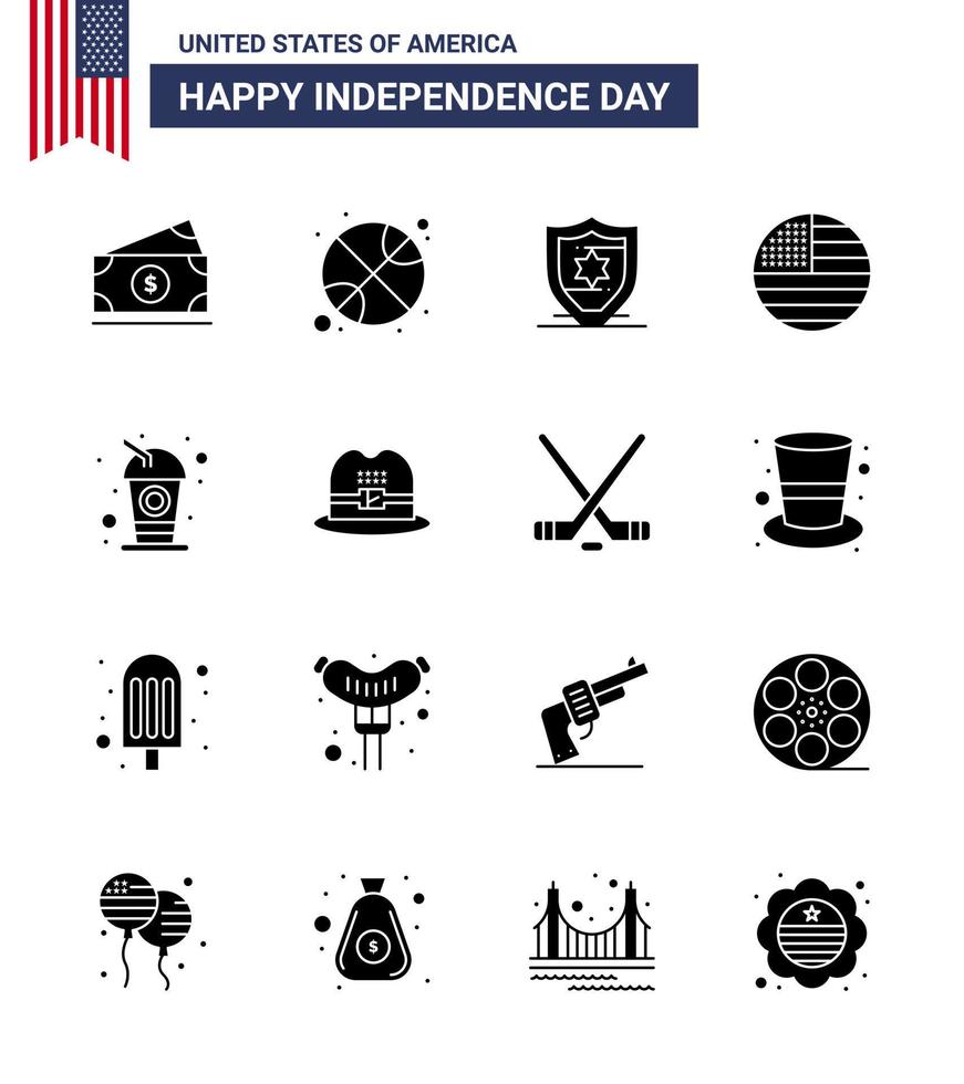 16 USA Solid Glyph Signs Independence Day Celebration Symbols of drink bottle american usa flag Editable USA Day Vector Design Elements