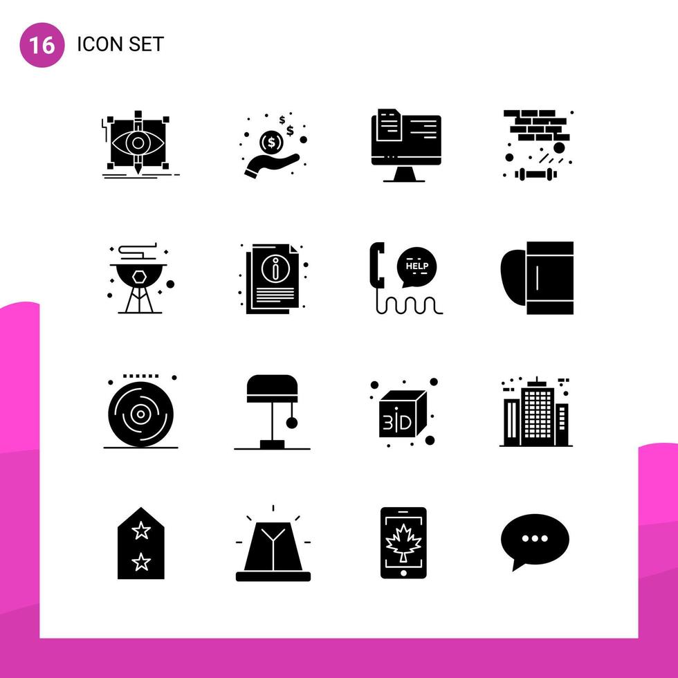 paquete de conjunto de iconos de glifos de 16 iconos sólidos aislados en fondo blanco para aplicaciones móviles y de impresión de diseño de sitios web receptivos vector