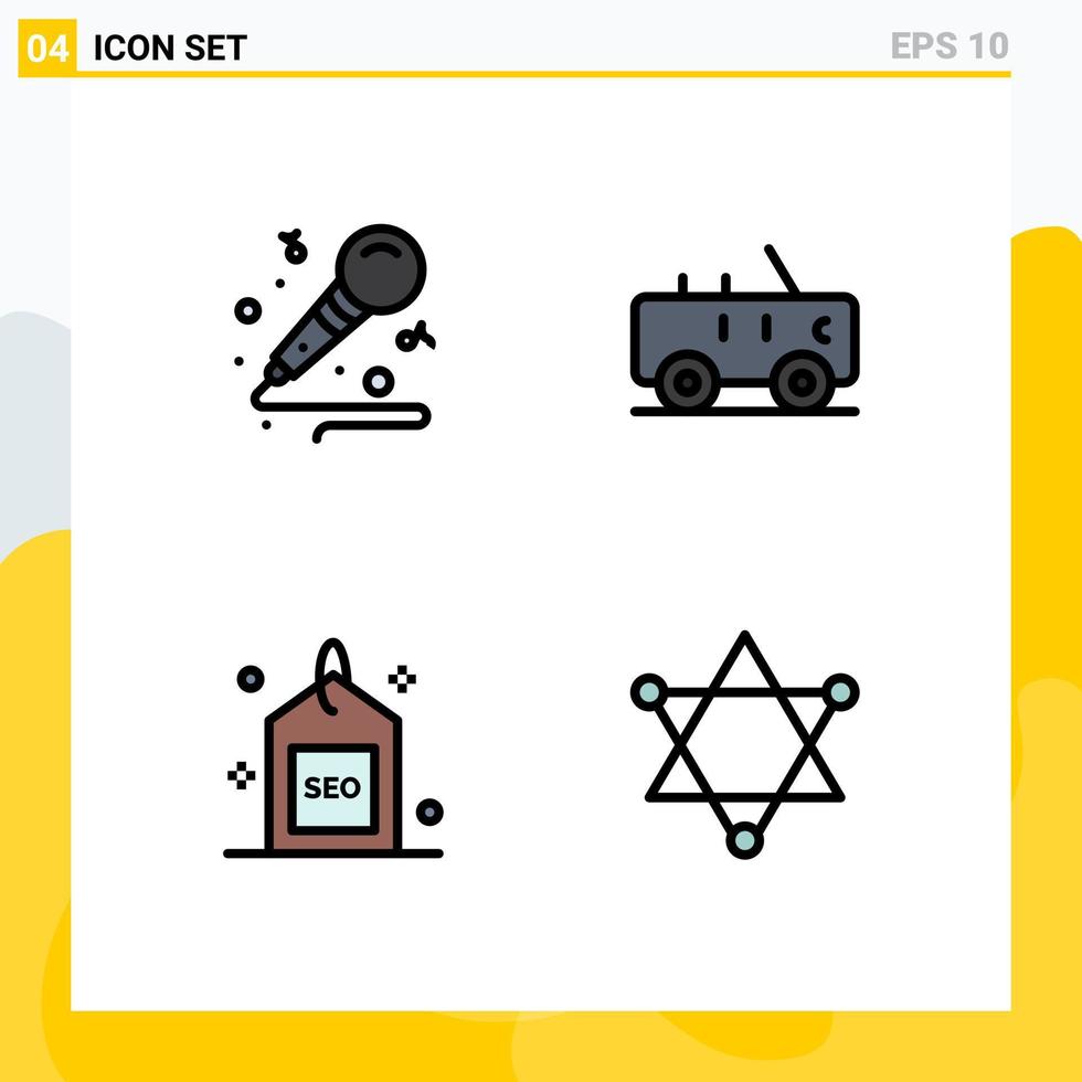 paquete de 4 signos y símbolos de colores planos de línea de llenado modernos para medios de impresión web, como elementos de diseño de vectores editables de seo militar para aficionados optimizados para micrófonos