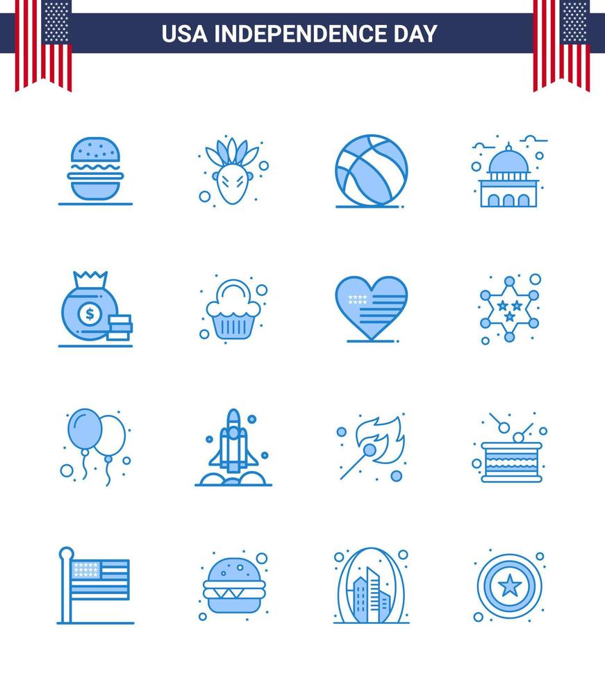 Modern Set of 16 Blues and symbols on USA Independence Day such as bag white ball usa house Editable USA Day Vector Design Elements