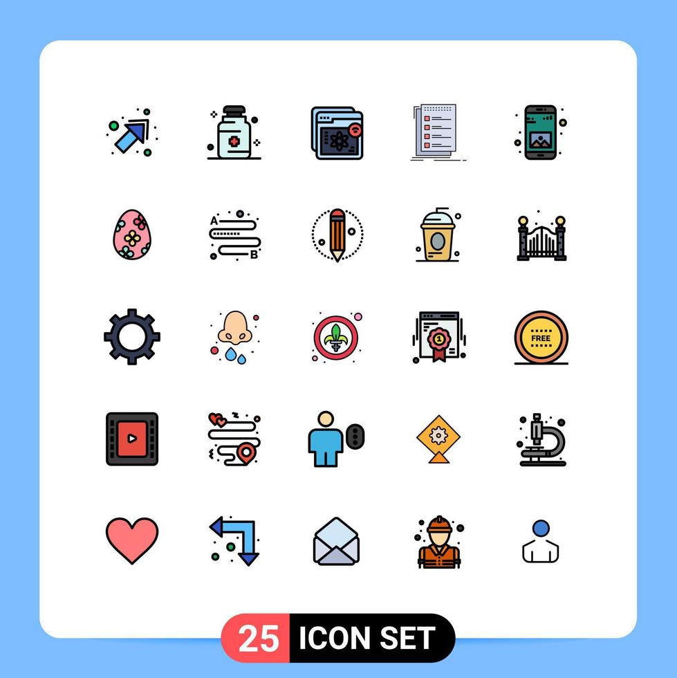 Pack of 25 Modern Filled line Flat Colors Signs and Symbols for Web Print Media such as to do list e checklist learning Editable Vector Design Elements