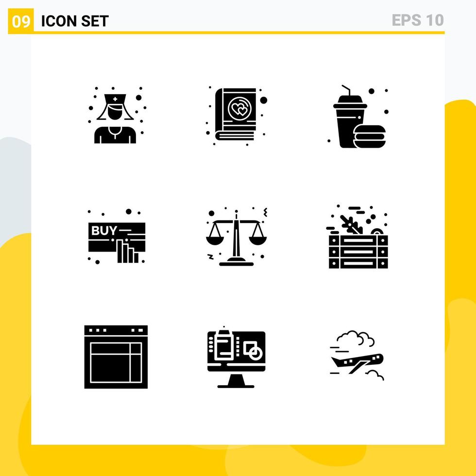 Modern Set of 9 Solid Glyphs and symbols such as scales justice drink online click Editable Vector Design Elements