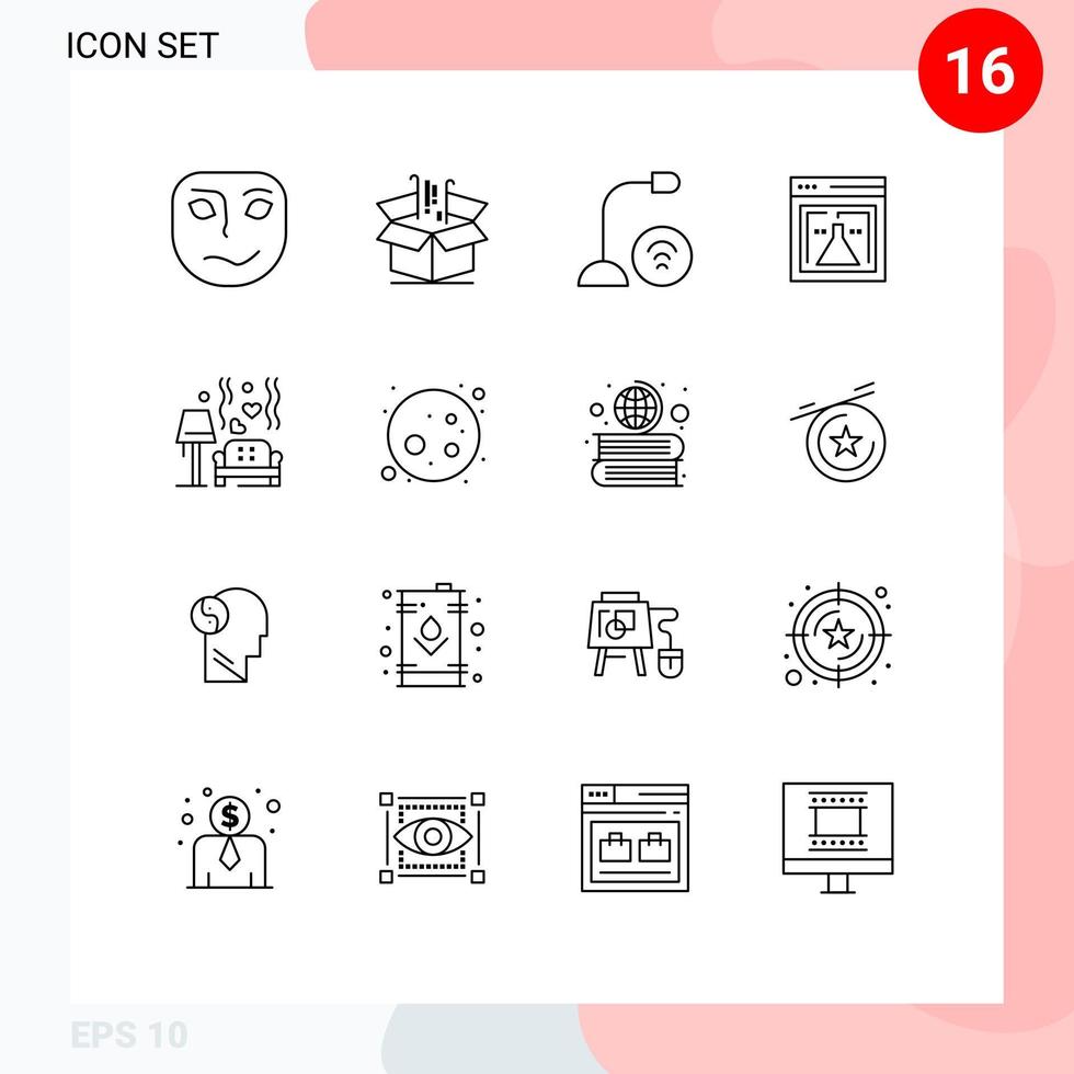 Pack of 16 Modern Outlines Signs and Symbols for Web Print Media such as web lab marketing flask hardware Editable Vector Design Elements