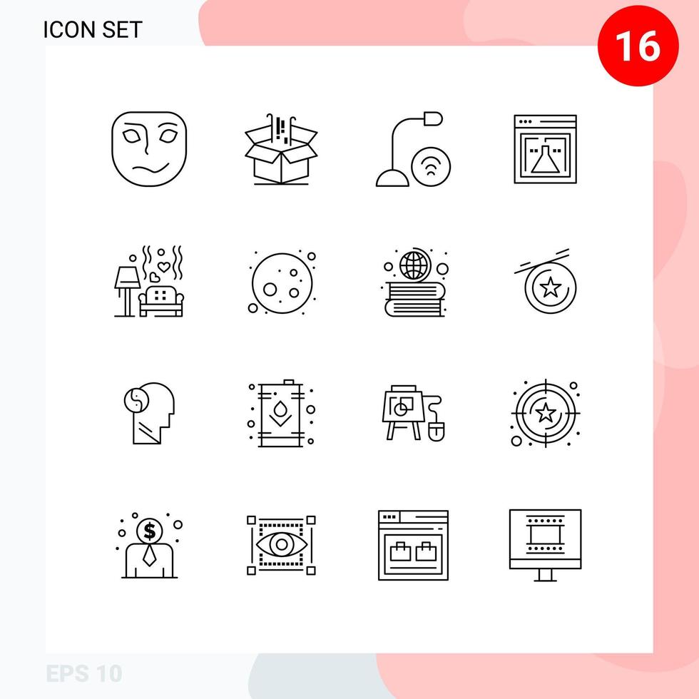 paquete de 16 signos y símbolos de contornos modernos para medios de impresión web, como elementos de diseño de vectores editables de hardware de matraz de marketing de laboratorio web