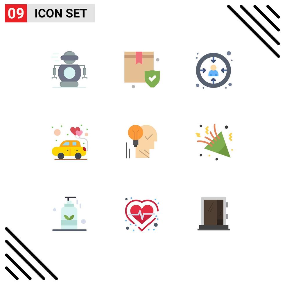 9 User Interface Flat Color Pack of modern Signs and Symbols of brain romance centricity love car Editable Vector Design Elements