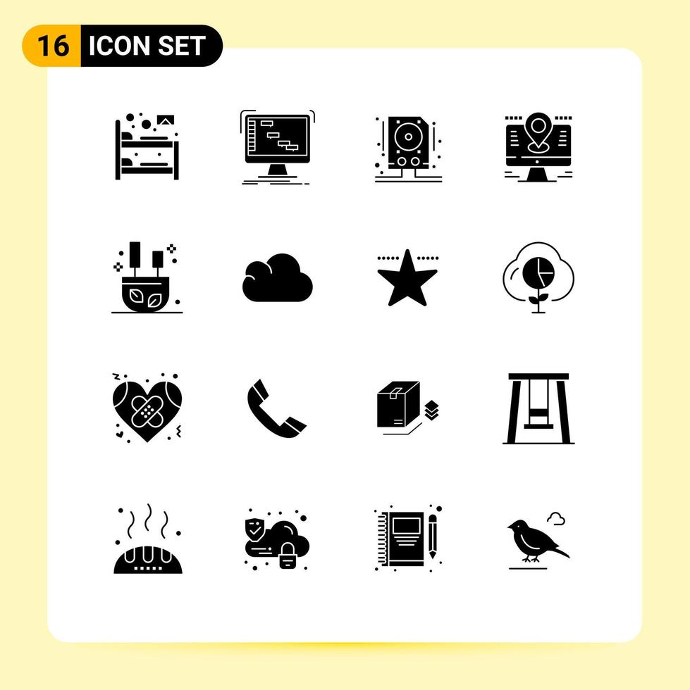 Pack of 16 Modern Solid Glyphs Signs and Symbols for Web Print Media such as pin location sequencer computer storage Editable Vector Design Elements