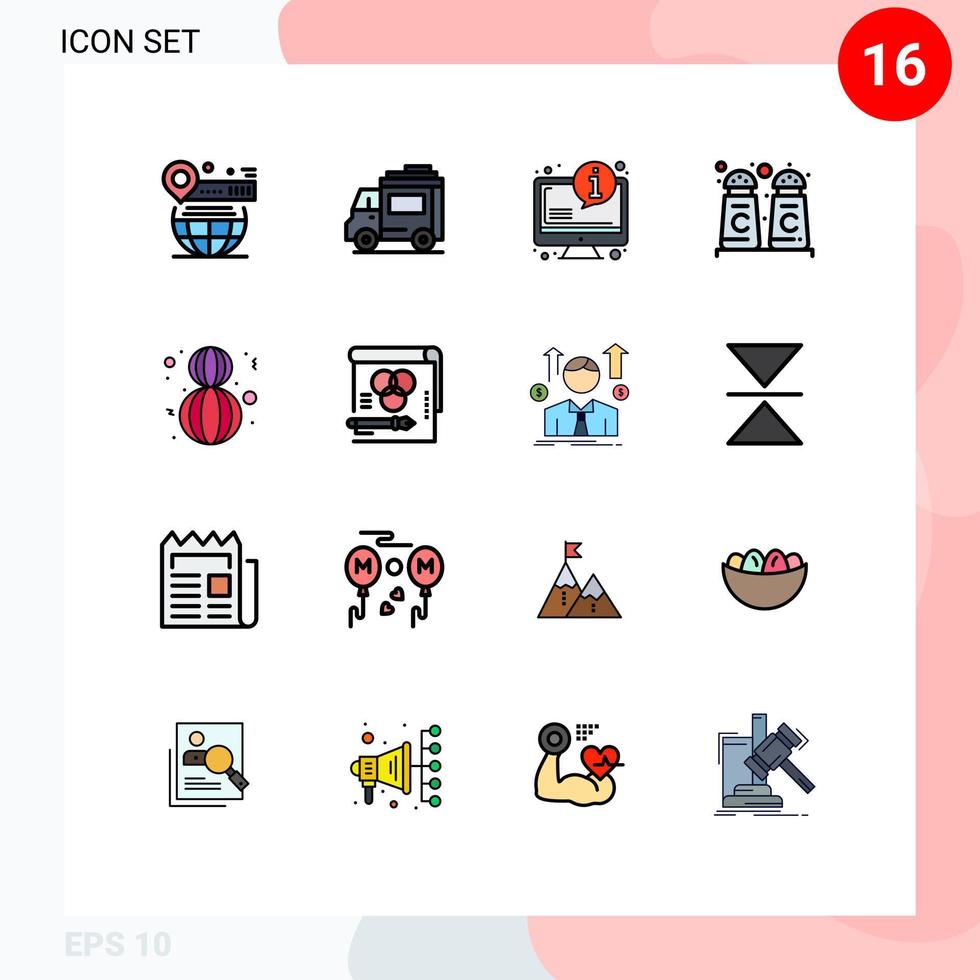 Universal Icon Symbols Group of 16 Modern Flat Color Filled Lines of happy shop transport cinnamon coffee information Editable Creative Vector Design Elements