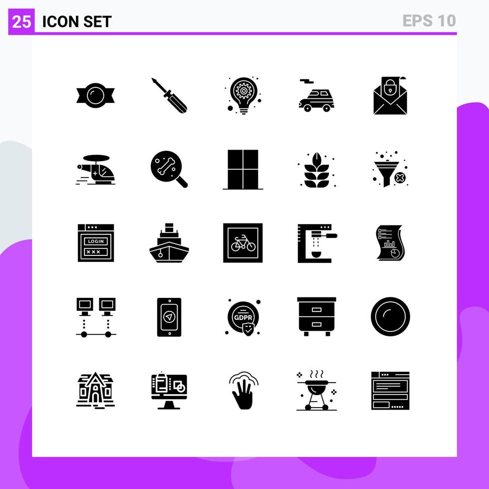 25 Thematic Vector Solid Glyphs and Editable Symbols of email vehicle bulb transport auto Editable Vector Design Elements