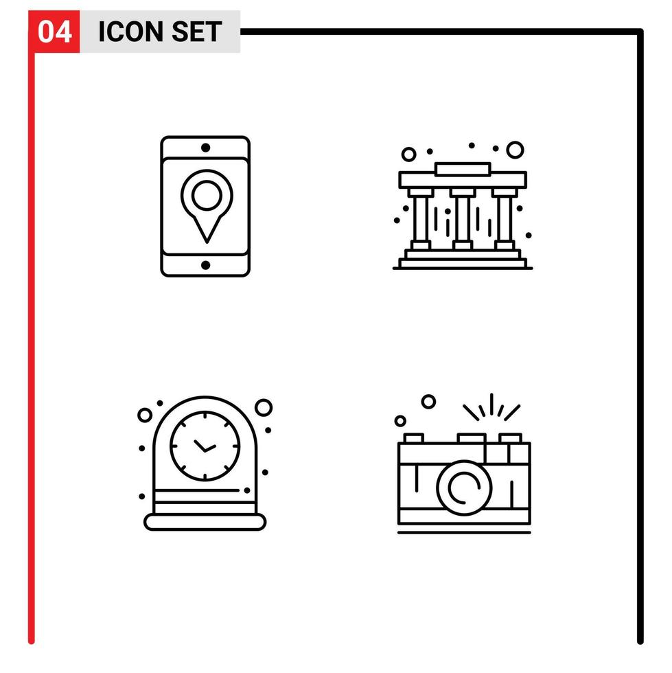 paquete de interfaz de usuario de 4 colores planos básicos de línea rellena de elementos de diseño de vector editables de cámara de aprendizaje de ubicación de tiempo móvil