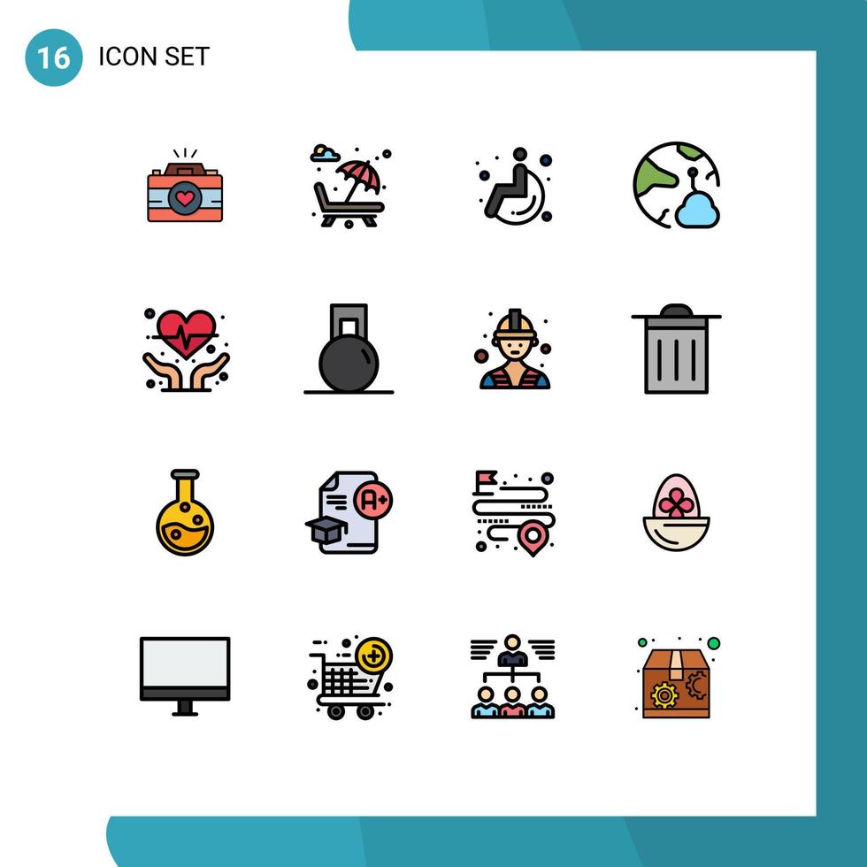 16 Thematic Vector Flat Color Filled Lines and Editable Symbols of online network romance connect wheel chair Editable Creative Vector Design Elements
