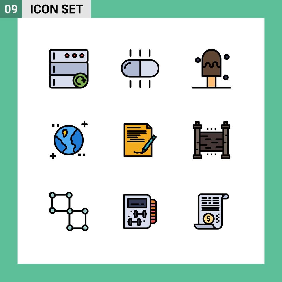 Pictogram Set of 9 Simple Filledline Flat Colors of garden report astronomy note paper Editable Vector Design Elements