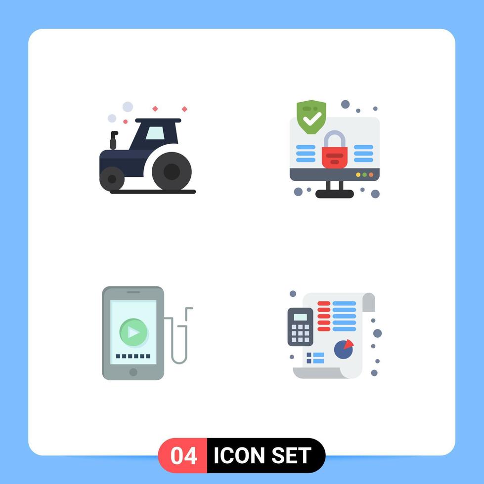 4 Thematic Vector Flat Icons and Editable Symbols of agriculture cell tractor security plan Editable Vector Design Elements