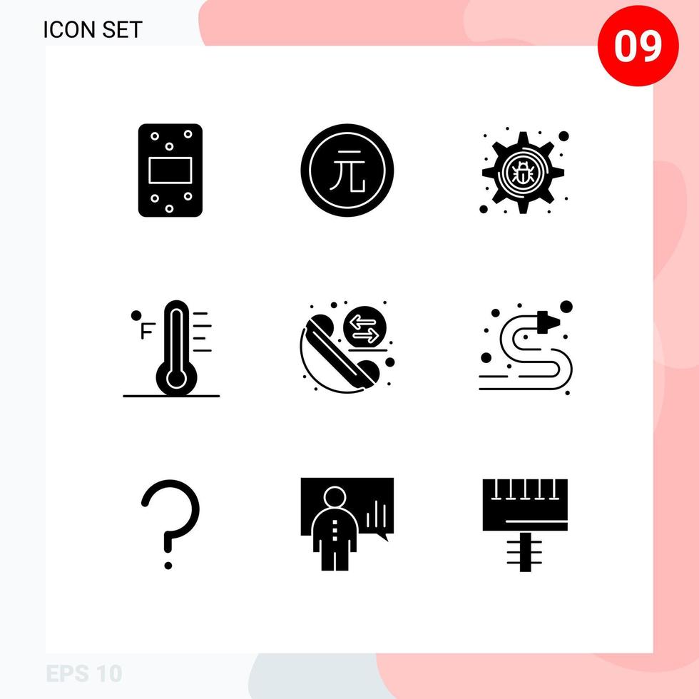 Set of 9 Commercial Solid Glyphs pack for exchange temperature cyber crime sun light Editable Vector Design Elements