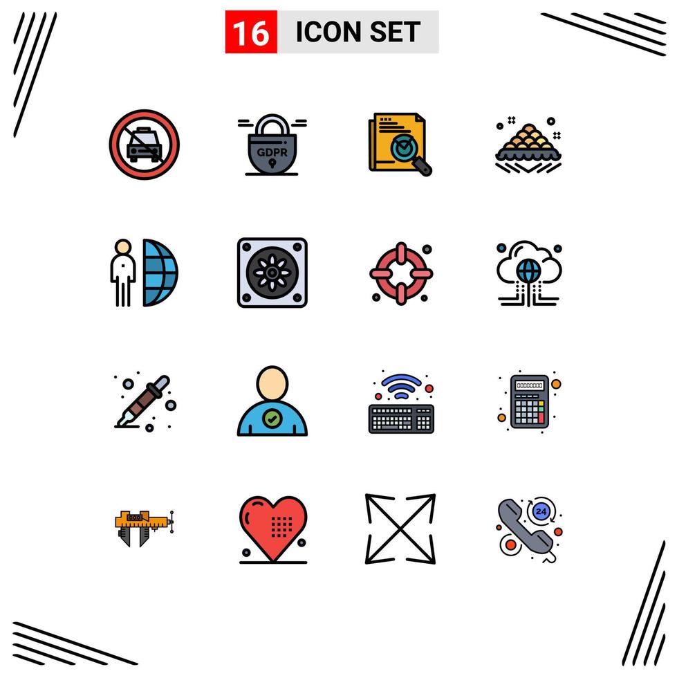 Flat Color Filled Line Pack of 16 Universal Symbols of open dish secure sweet page search Editable Creative Vector Design Elements