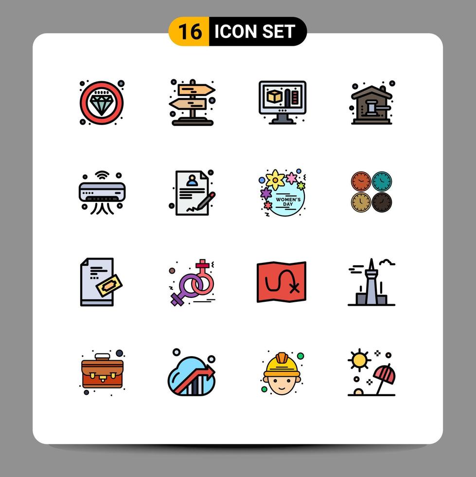 Pack of 16 Modern Flat Color Filled Lines Signs and Symbols for Web Print Media such as internet of things ac process house court Editable Creative Vector Design Elements