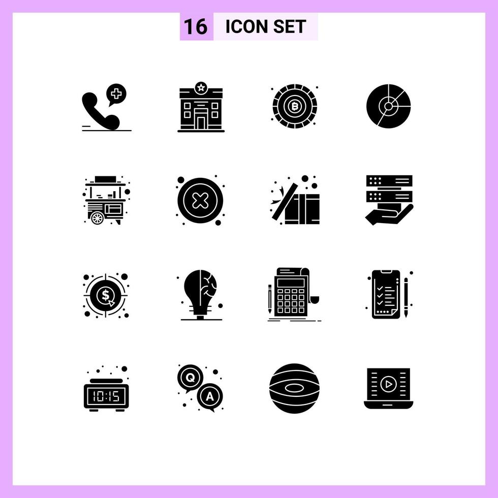 Editable Vector Line Pack of 16 Simple Solid Glyphs of statistics finance blockchain diagram business Editable Vector Design Elements