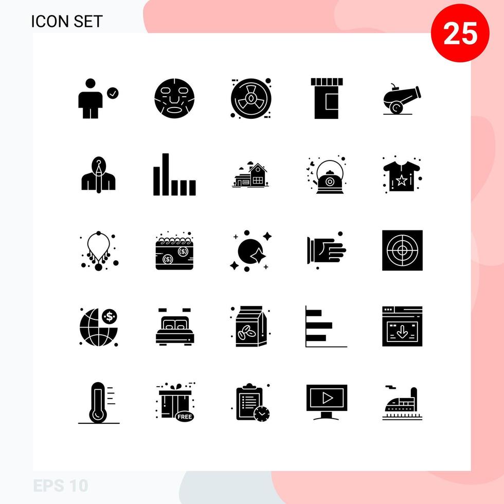 25 Universal Solid Glyphs Set for Web and Mobile Applications canon medicine mask medical radiation Editable Vector Design Elements