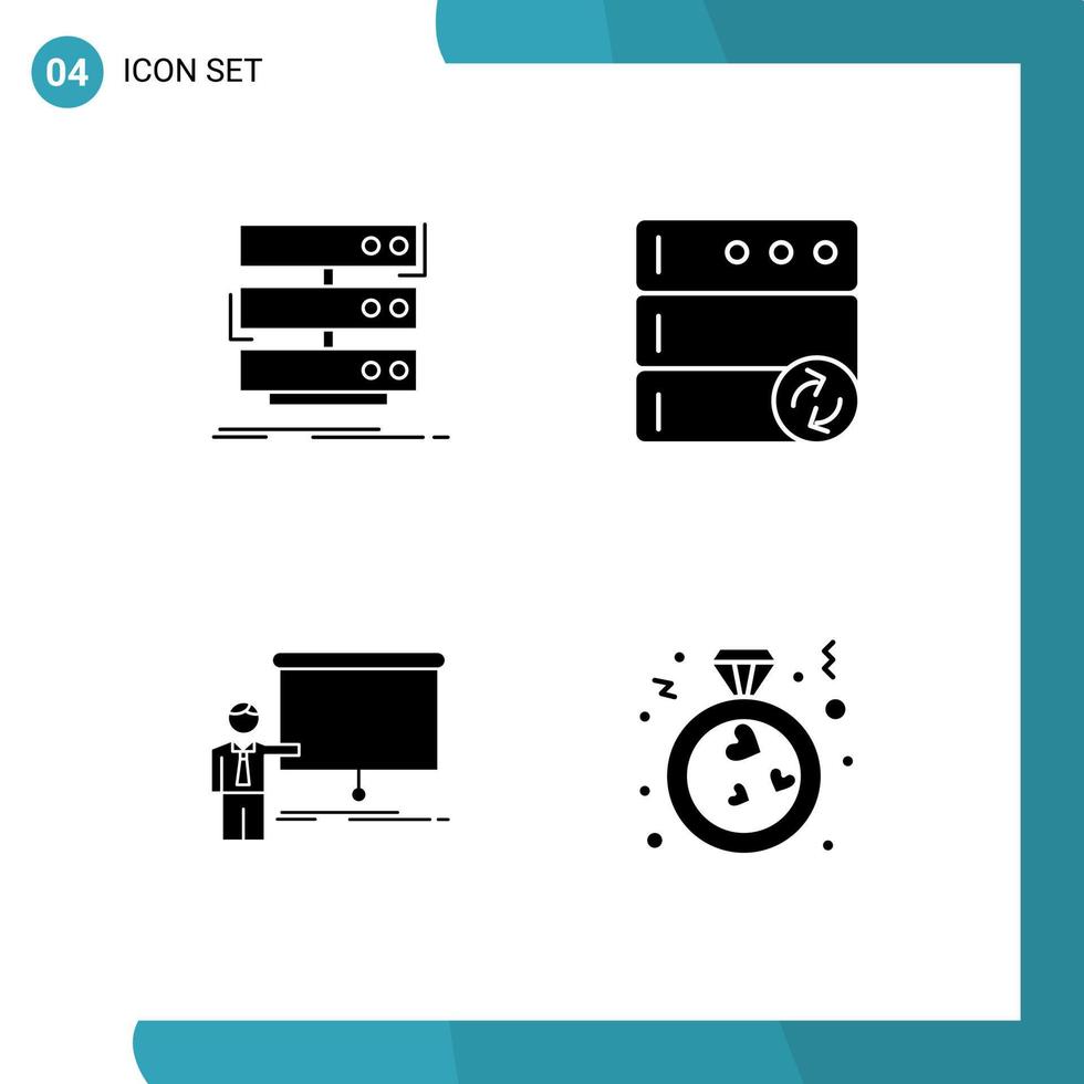 Pictogram Set of 4 Simple Solid Glyphs of server meeting database server report Editable Vector Design Elements