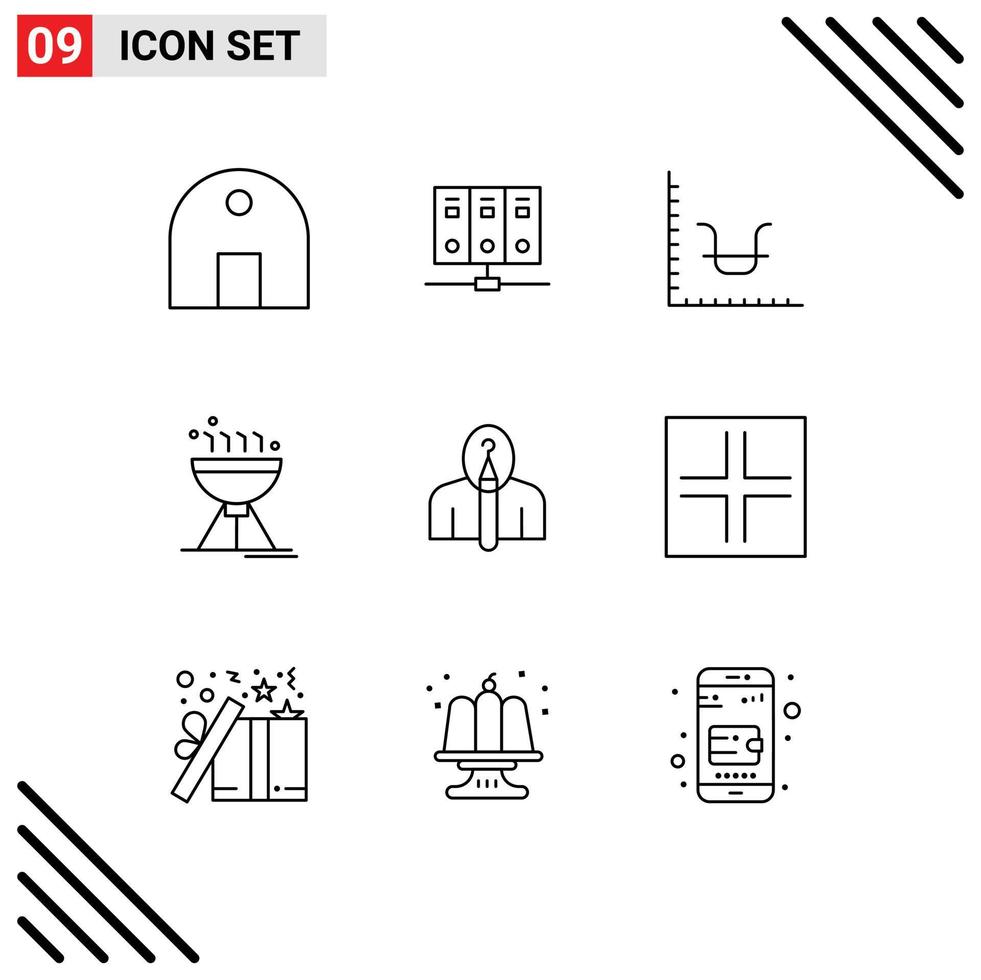 Pack of 9 Modern Outlines Signs and Symbols for Web Print Media such as anonymous food database camping marketing Editable Vector Design Elements