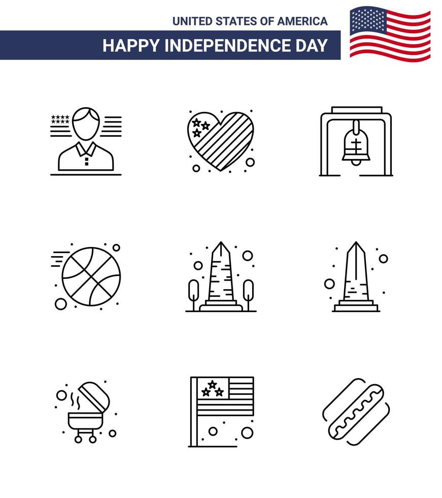 9 Creative USA Icons Modern Independence Signs and 4th July Symbols of usa monument bell landmark ball Editable USA Day Vector Design Elements