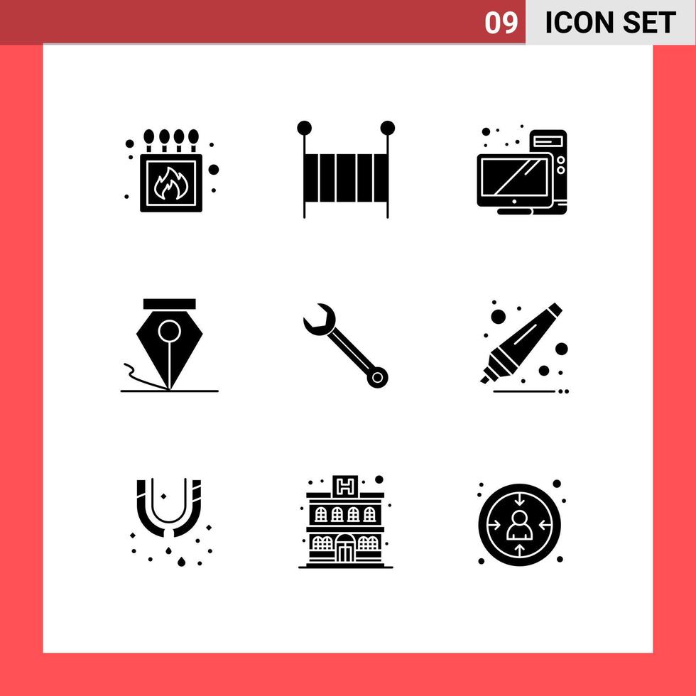 Universal Icon Symbols Group of 9 Modern Solid Glyphs of building wrench computer pen freeform Editable Vector Design Elements