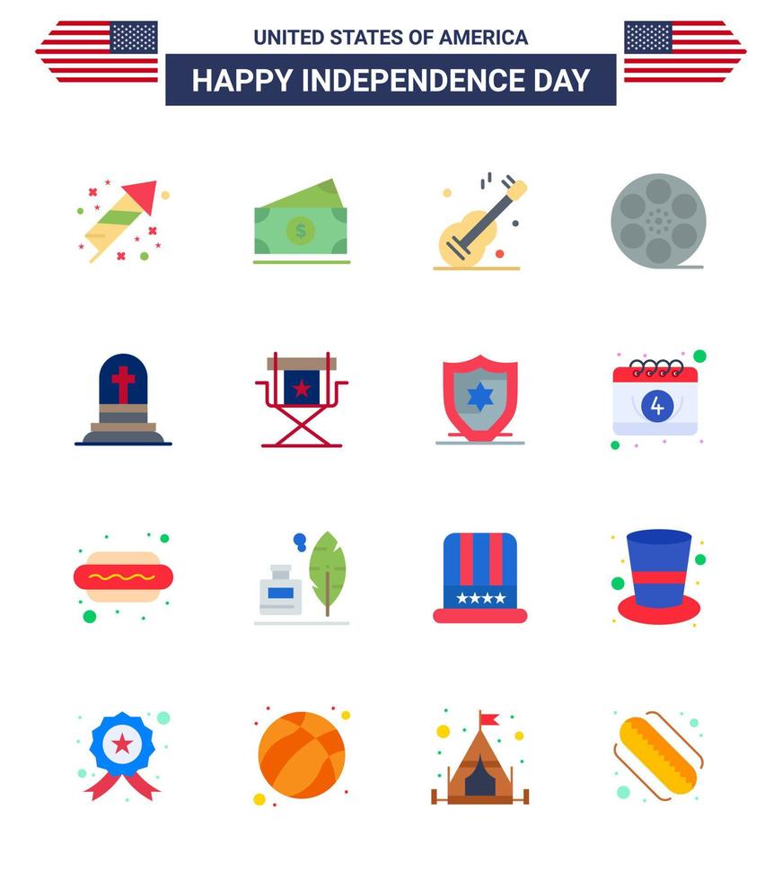 usa feliz día de la independencia pictograma conjunto de 16 pisos simples de grave american guiter video movis editable usa day elementos de diseño vectorial vector