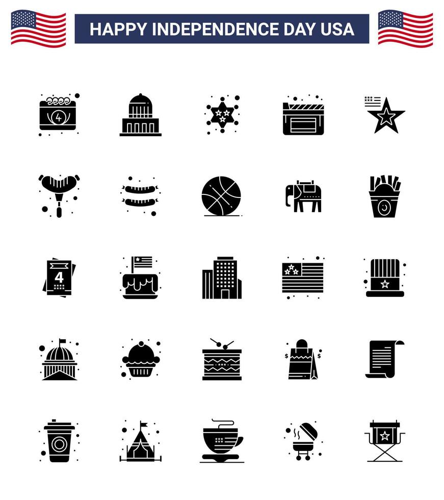 Pack of 25 USA Independence Day Celebration Solid Glyph Signs and 4th July Symbols such as flag star badge film cinema Editable USA Day Vector Design Elements