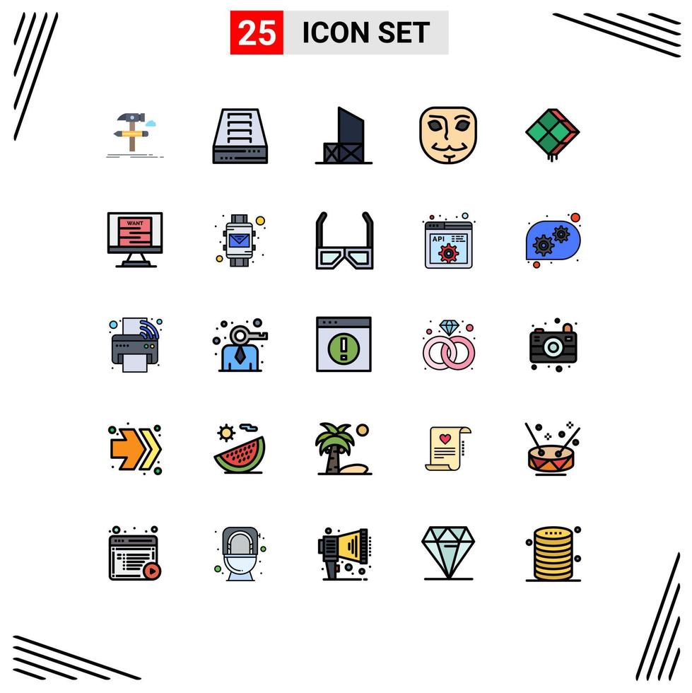 25 Universal Filled line Flat Color Signs Symbols of decoration face office anonymous rescue Editable Vector Design Elements