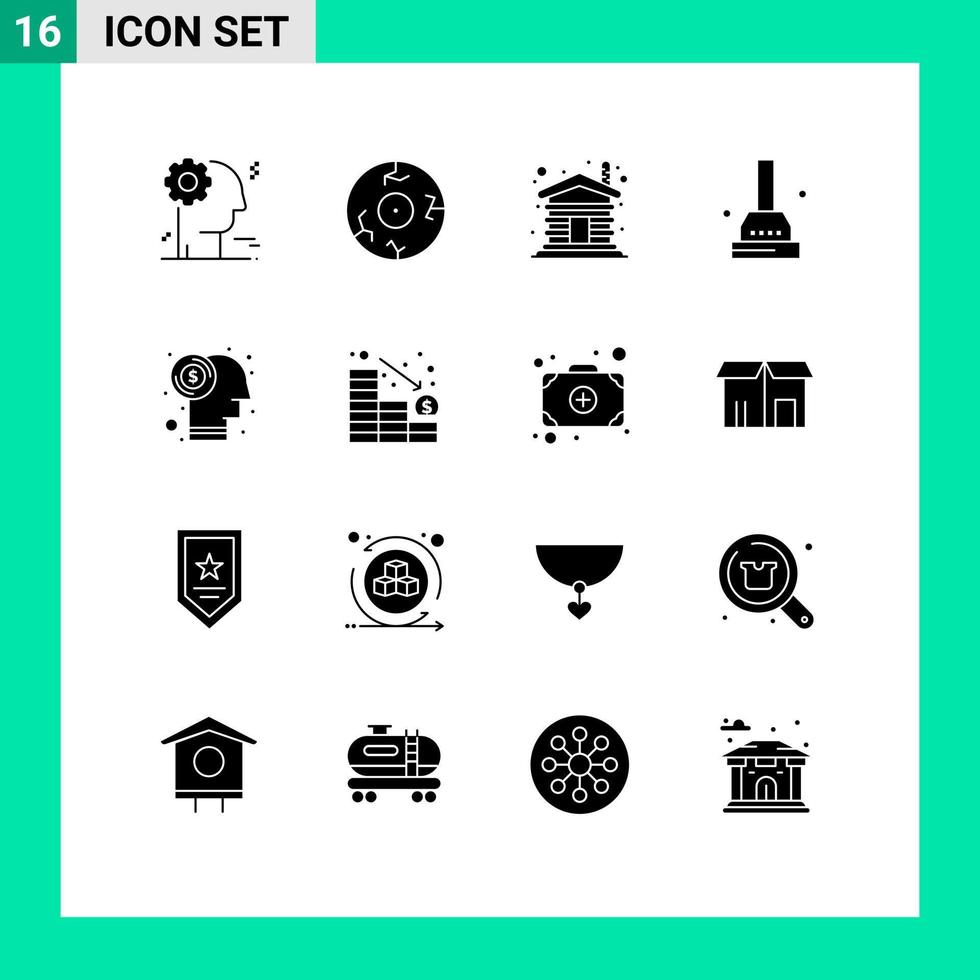 Group of 16 Solid Glyphs Signs and Symbols for investment currency wood brain plunger Editable Vector Design Elements