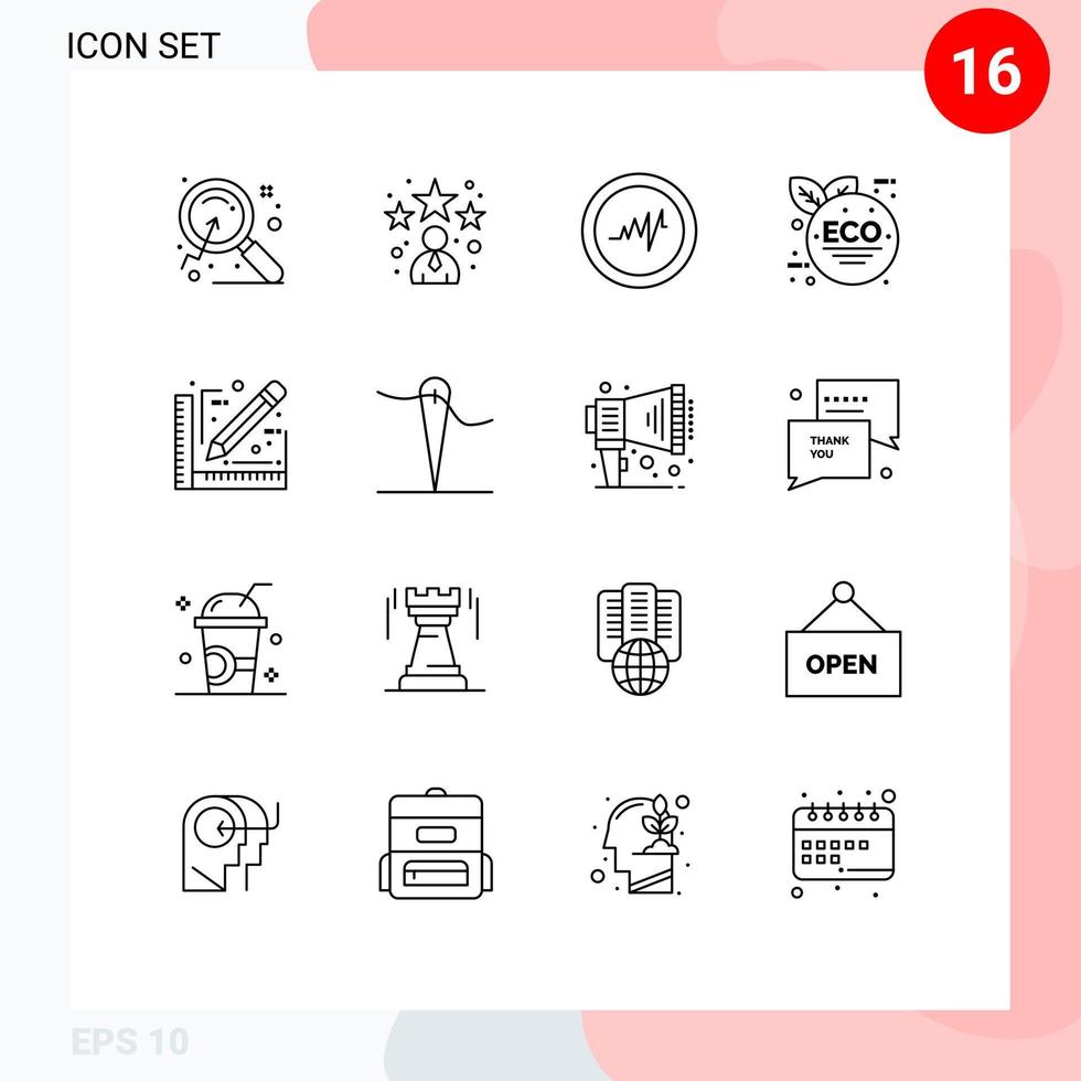 16 User Interface Outline Pack of modern Signs and Symbols of handmade document heart design green leaf Editable Vector Design Elements
