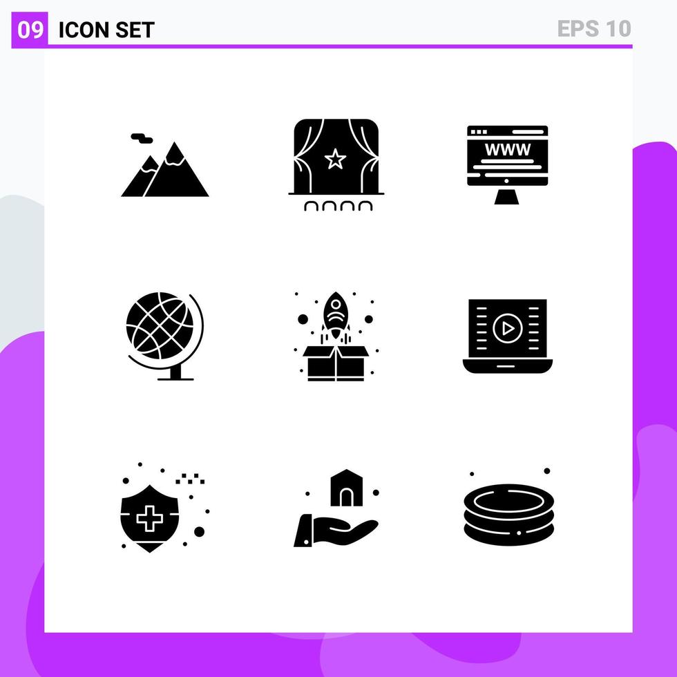Modern Set of 9 Solid Glyphs and symbols such as package start billboard rocket geography Editable Vector Design Elements