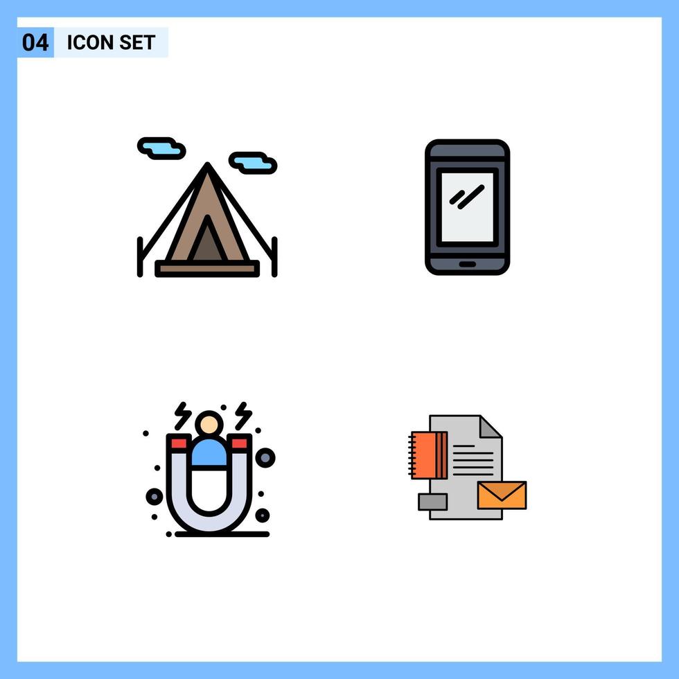 Pack of 4 creative Filledline Flat Colors of beach tent customer phone android customer retention Editable Vector Design Elements