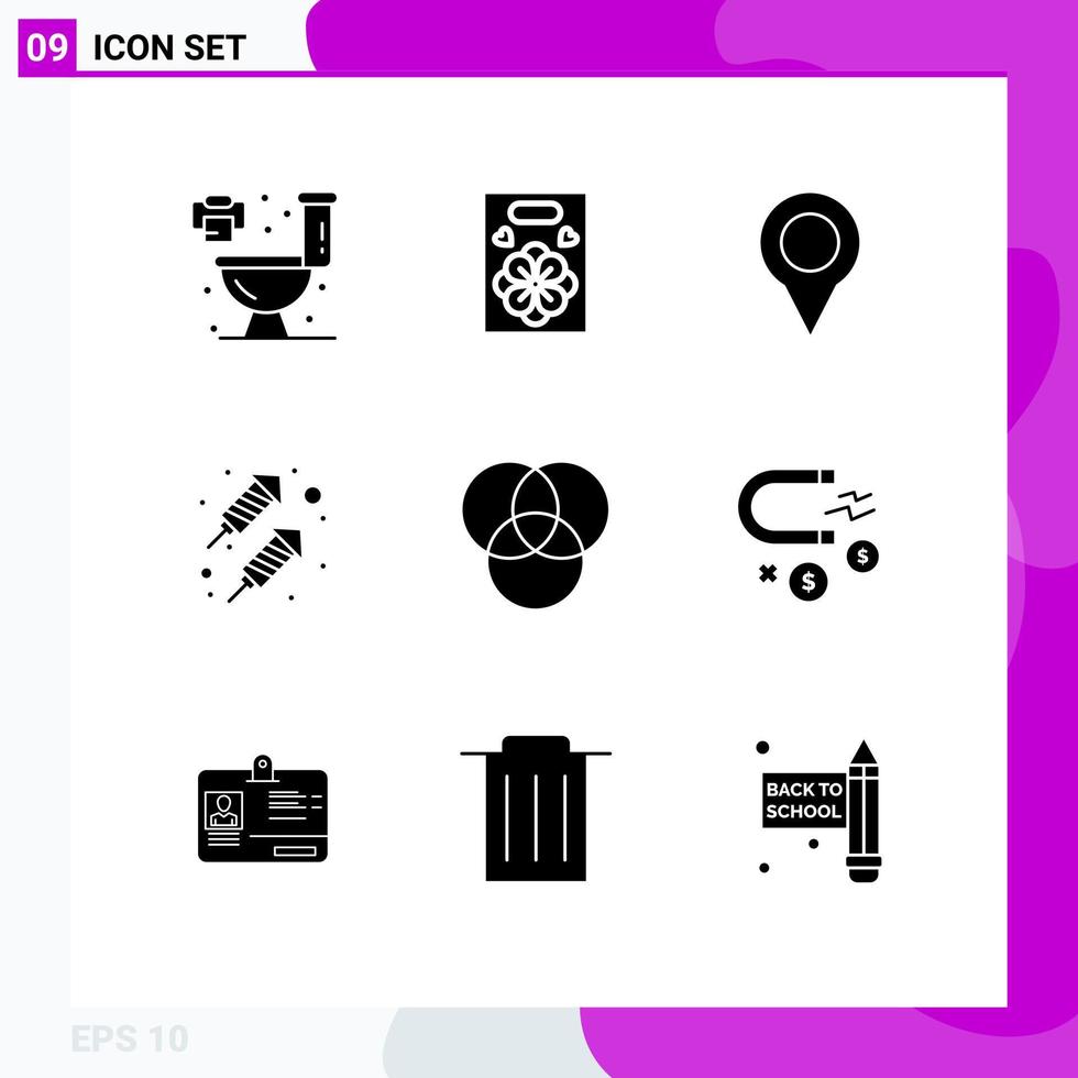 Set of 9 Modern UI Icons Symbols Signs for magnet business marker attracting fire work Editable Vector Design Elements