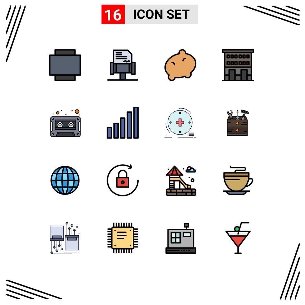 16 Thematic Vector Flat Color Filled Lines and Editable Symbols of connection cassette buildings audio cassette shops Editable Creative Vector Design Elements