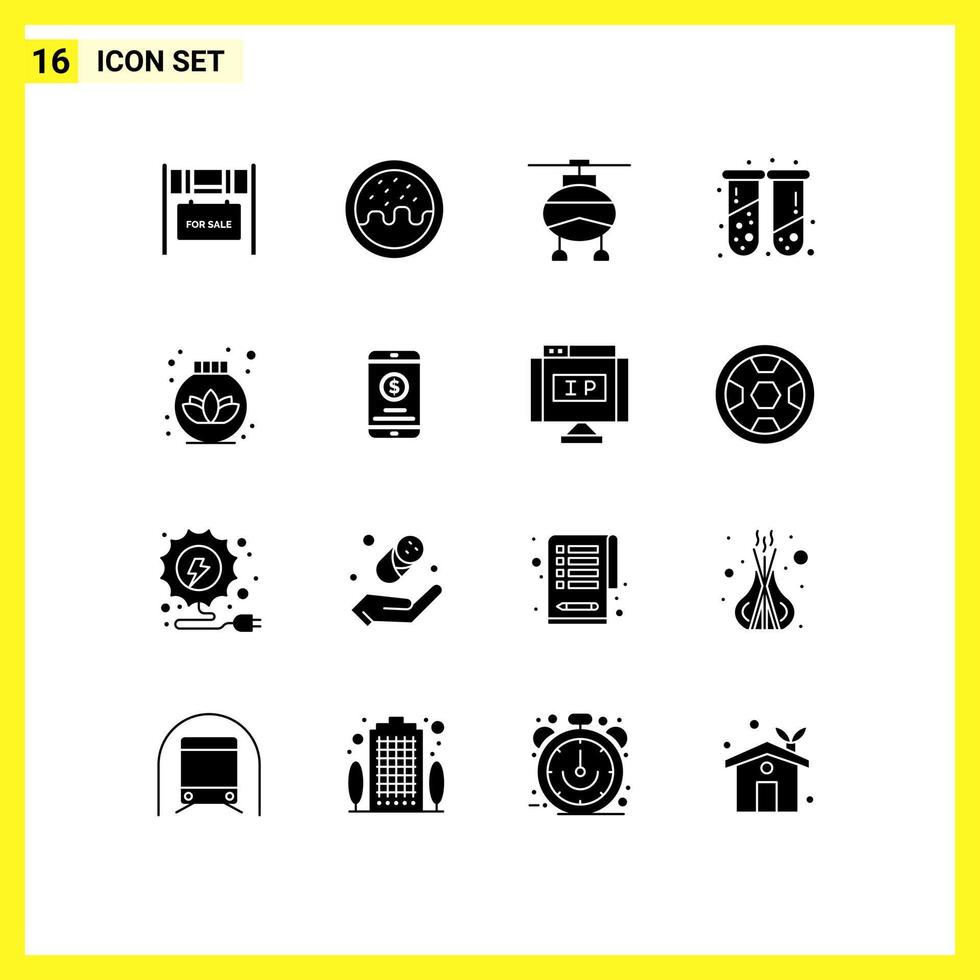 Modern Set of 16 Solid Glyphs and symbols such as care lotus transport test tubes health Editable Vector Design Elements