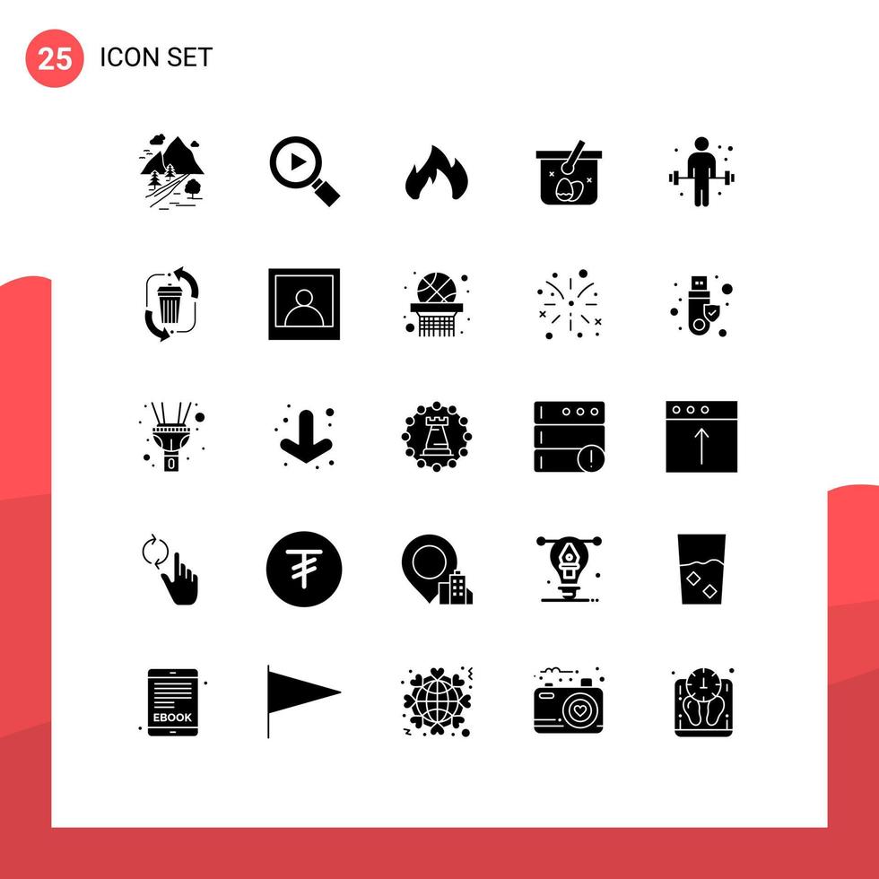 Modern Set of 25 Solid Glyphs Pictograph of exercise easter fire egg basket Editable Vector Design Elements