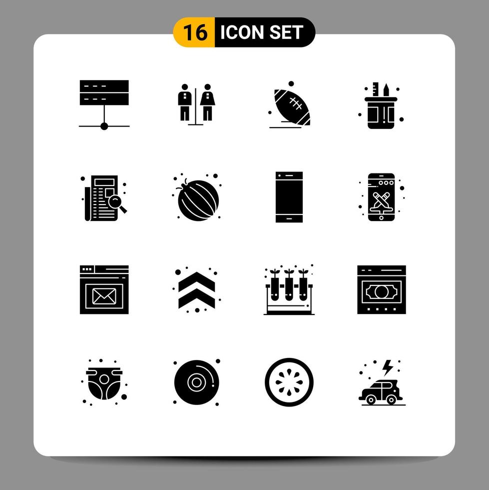 16 User Interface Solid Glyph Pack of modern Signs and Symbols of pencil holder service box sport Editable Vector Design Elements