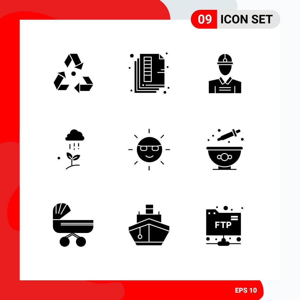 Modern Set of 9 Solid Glyphs Pictograph of spring cloud print cloud rain worker Editable Vector Design Elements