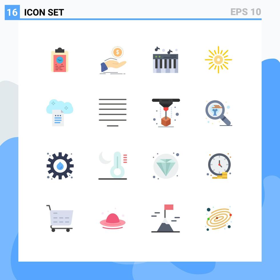 Paquete de 16 colores planos de interfaz de usuario de signos y símbolos modernos del clima mañana finanzas luz sonido paquete editable de elementos creativos de diseño de vectores