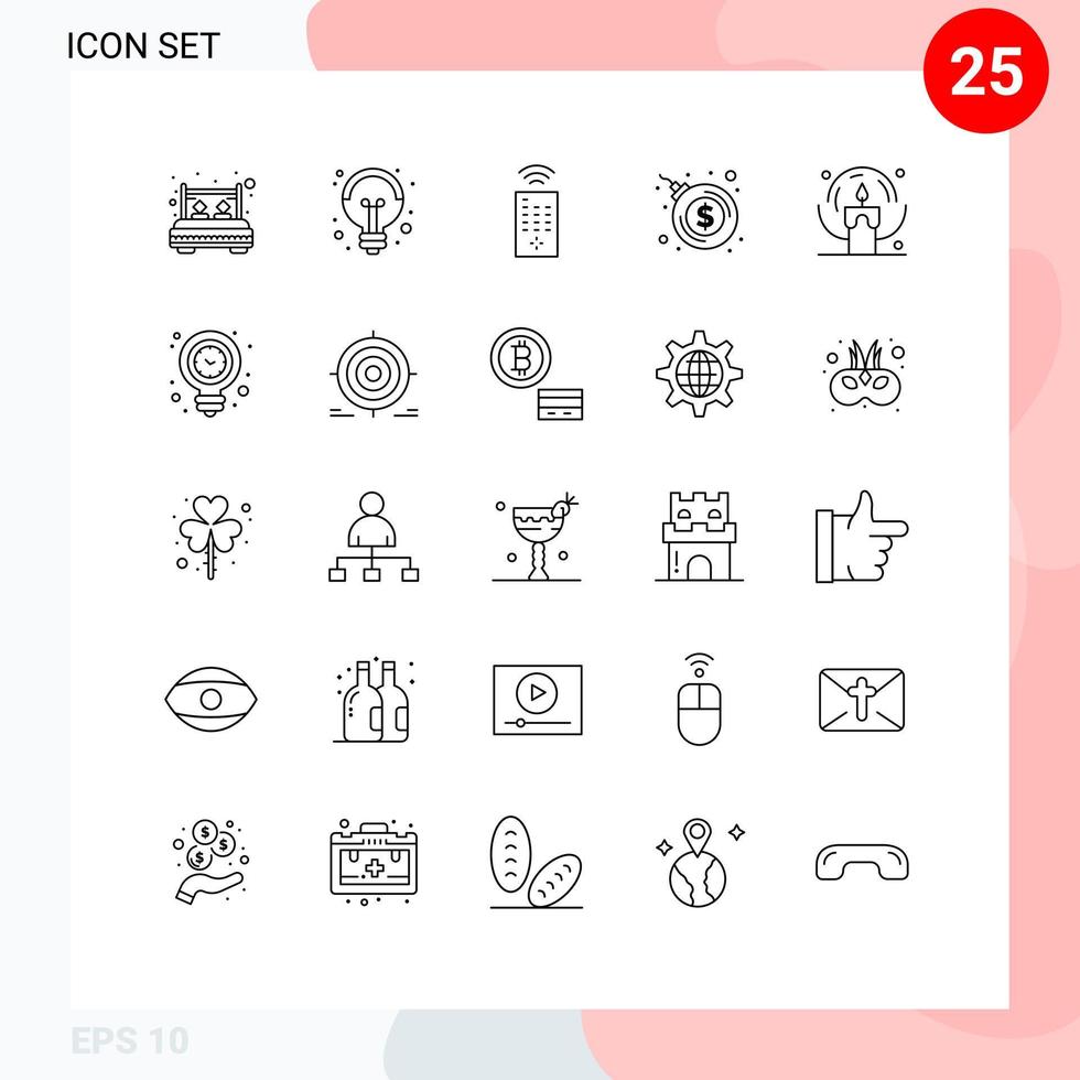 25 User Interface Line Pack of modern Signs and Symbols of light candle idea dollar bomb explosion Editable Vector Design Elements