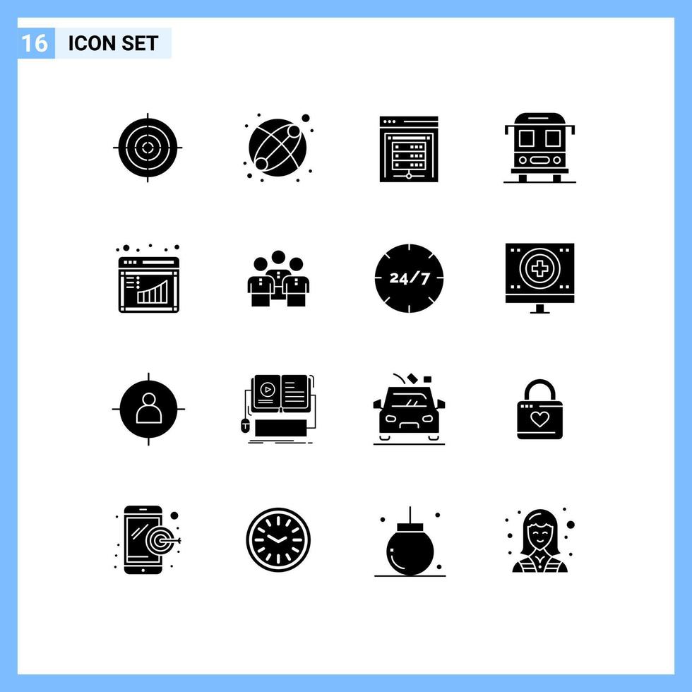 Group of 16 Modern Solid Glyphs Set for graph board computer server transport bus Editable Vector Design Elements