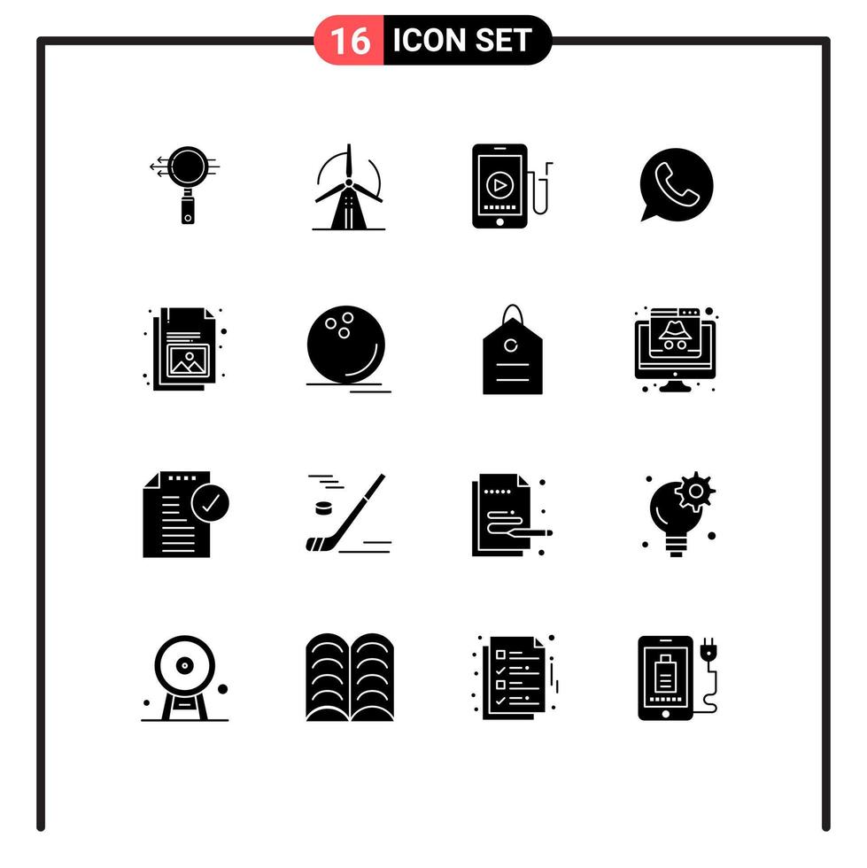 Mobile Interface Solid Glyph Set of 16 Pictograms of document watts app music telephone app Editable Vector Design Elements
