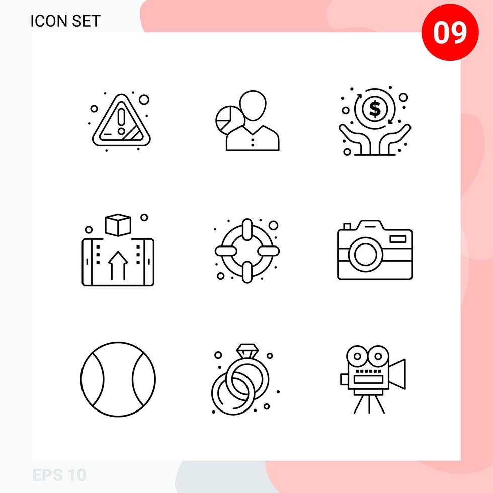 paquete de vectores de 9 iconos en estilo de línea paquete de contorno creativo aislado en fondo blanco para web y móvil