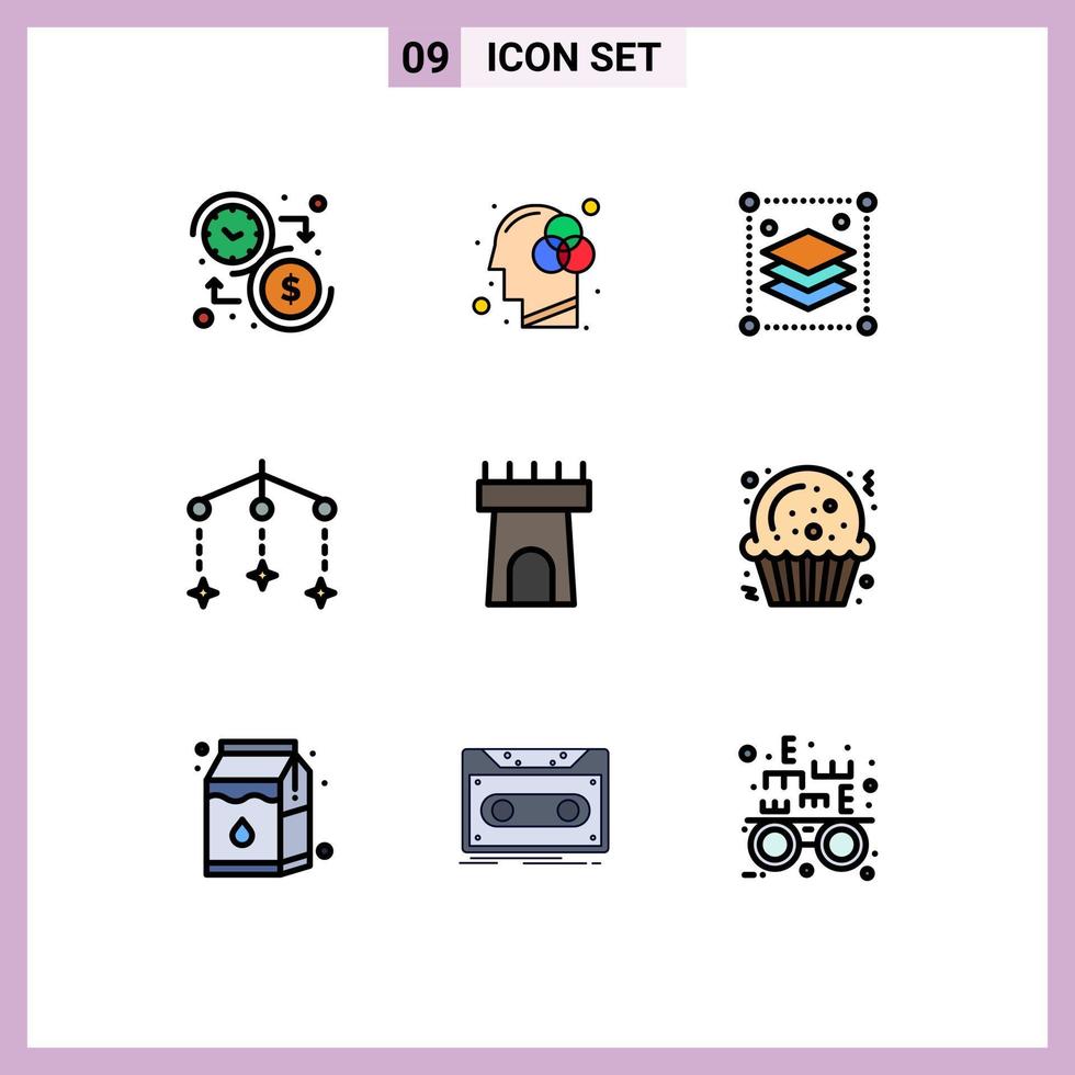 User Interface Pack of 9 Basic Filledline Flat Colors of castle sleep color mobile misc Editable Vector Design Elements